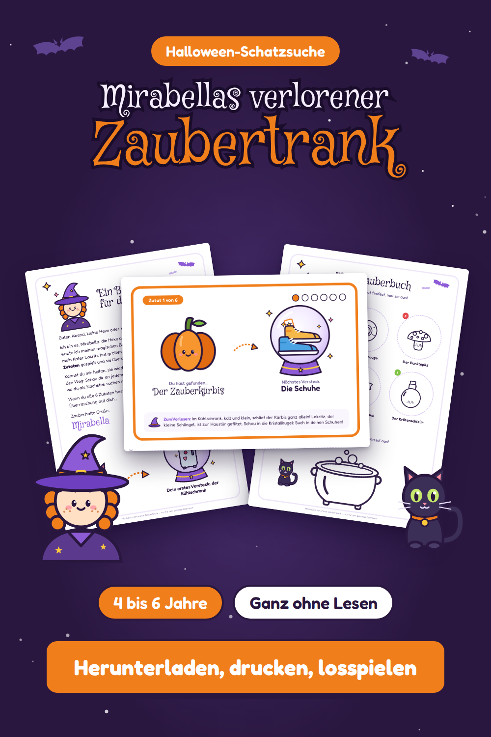 Mirabellas verlorener Zaubertrank – Halloween-Schatzsuche zum Ausdrucken, 4-6 Jahre (deutsche Version)