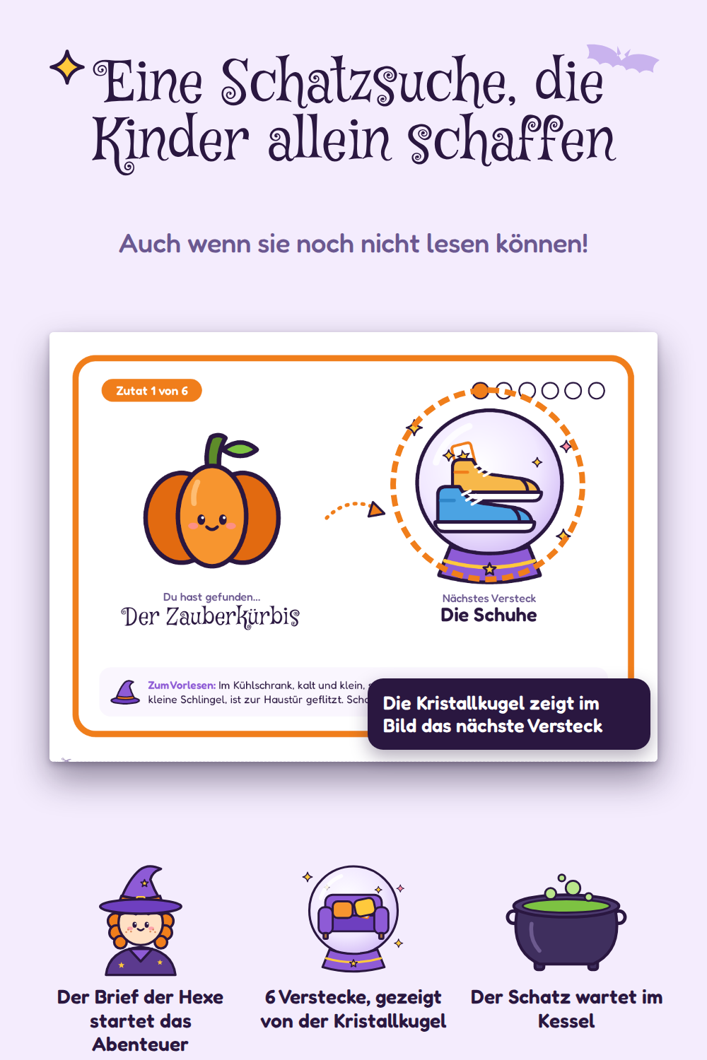 Mirabellas verlorener Zaubertrank – Halloween-Schatzsuche zum Ausdrucken, 4-6 Jahre (deutsche Version)
