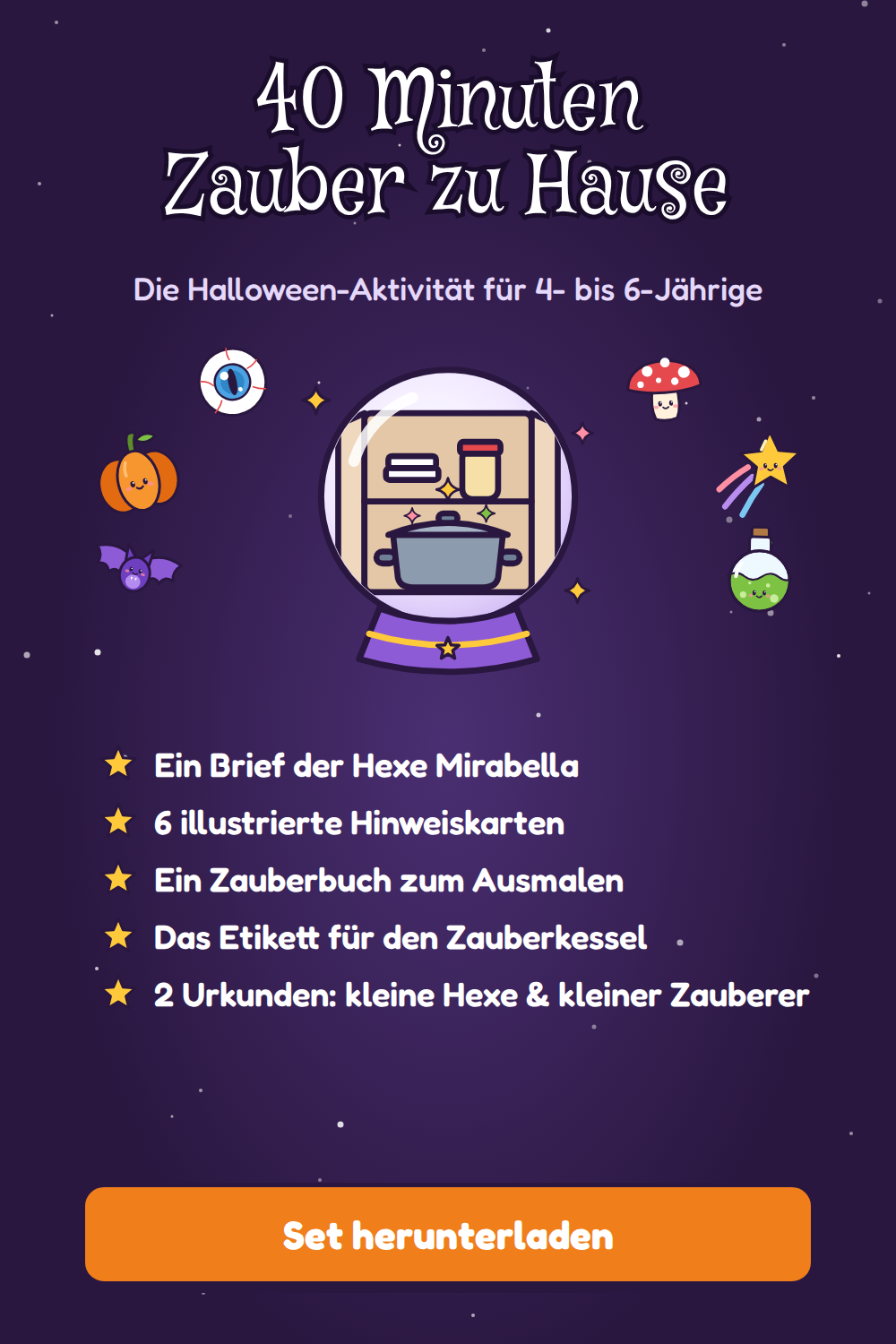 Mirabellas verlorener Zaubertrank – Halloween-Schatzsuche zum Ausdrucken, 4-6 Jahre (deutsche Version)